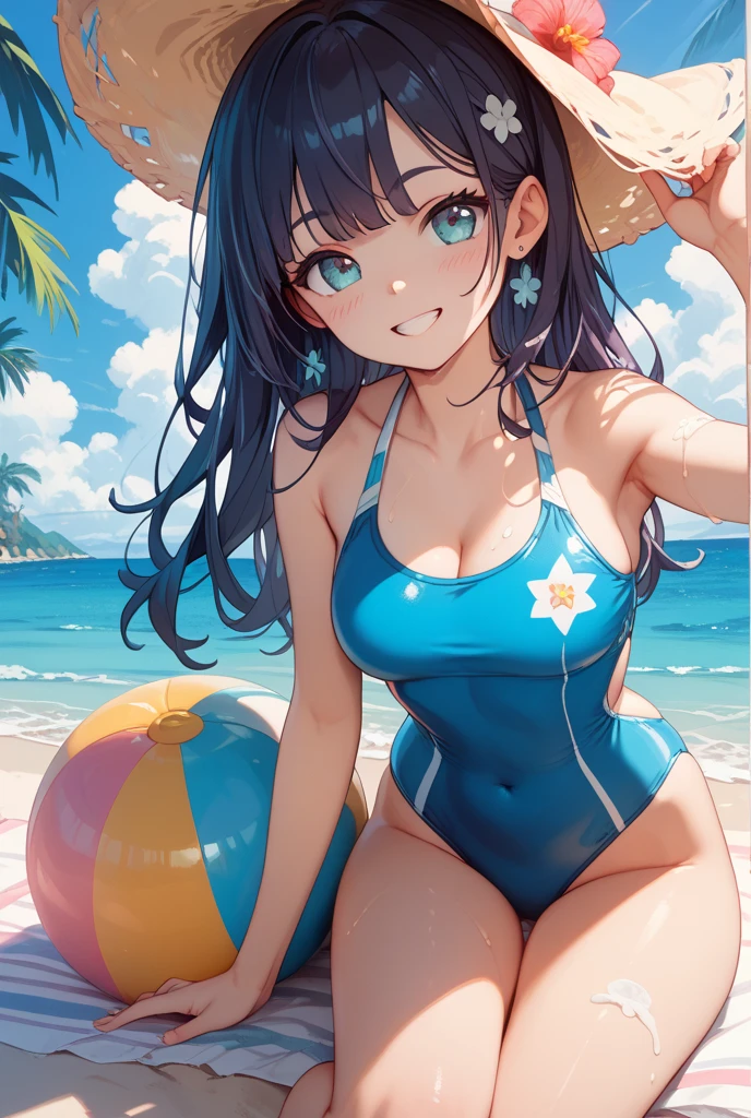 cover page, Hawaii's tourist magazine, highres, top quality, best quality, paid reward available, unparalleled masterpiece, perfect artwork, absurdres(angelic cute 1girl, cat girl)perfect anatomy, best pose as a subject, Wet skin, water droplets, smile, playing in the water, seashore, Palm tree, Swim suit, pareu, twilight, concept, camera angle, good lighting,
