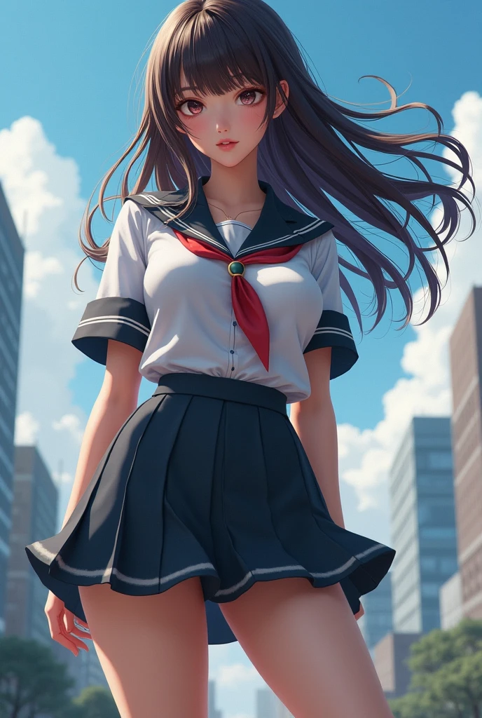 8K, flipping the skirt, white underwear, top quality, masterpiece, super detailed, super high resolution, girl, uniform, braided hair, make up, navy pleated skirt, strong wind, downtown