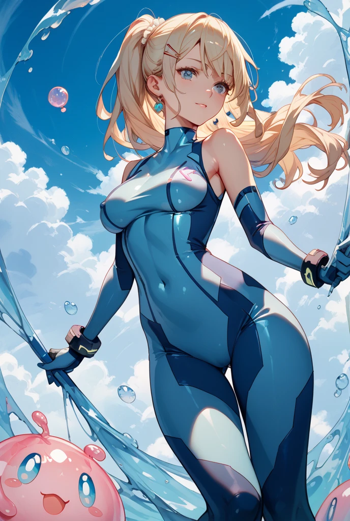 1girl, light blonde hair, aquamarine eyes, boots, breasts, bracelets, full body, hair ornament, (shoulder-length hair, ponytail), full body with costume, leotard, gymnast_outfit leotard, white leotard with blue accents, bare legs, white stockings, white boots, medium breasts, solo, standing, superhero, (lighting logo on chest), beautiful detailed eyes, beautiful detailed face, age 18, ahoge, full body zenkai! full body portrait, body infused with electricity, diffraction spikes, heroic, standing straight, hands on hip, cowboy shot, city backdrop