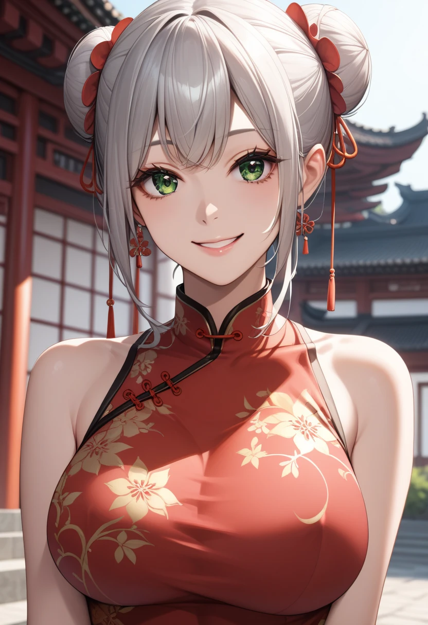 Woman in Chinese clothing, gray eyes, silver bob, large breasts