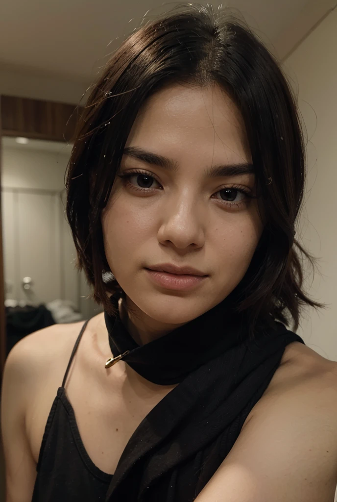 Chica japonesa tiene el cabello corto y oscuro, peinado en un estilo suelto y ligeramente despeinado. Tiene la piel clara y un tono de maquillaje natural, con mejillas ligeramente sonrosadas. Sus cejas son espesas y bien definidas, y sus ojos son grandes y almendrados, de un color oscuro. Sus labios son de un tono rosado suave. Lleva puesta una camiseta negra de tirantes y dos collares delicados, uno de ellos con un colgante redondo tomandose una selfie en bikini