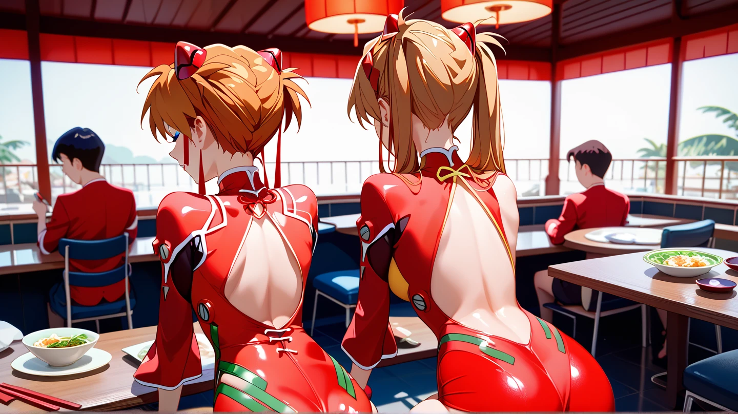The reflection in a mirror of two cute young school girls standing flirting, redhaired 15 year old girl and 13 year old orange haired girl inside of a japanese train. Wearing bikini or swimsuit. View from below. Posing. Happy. Unaware