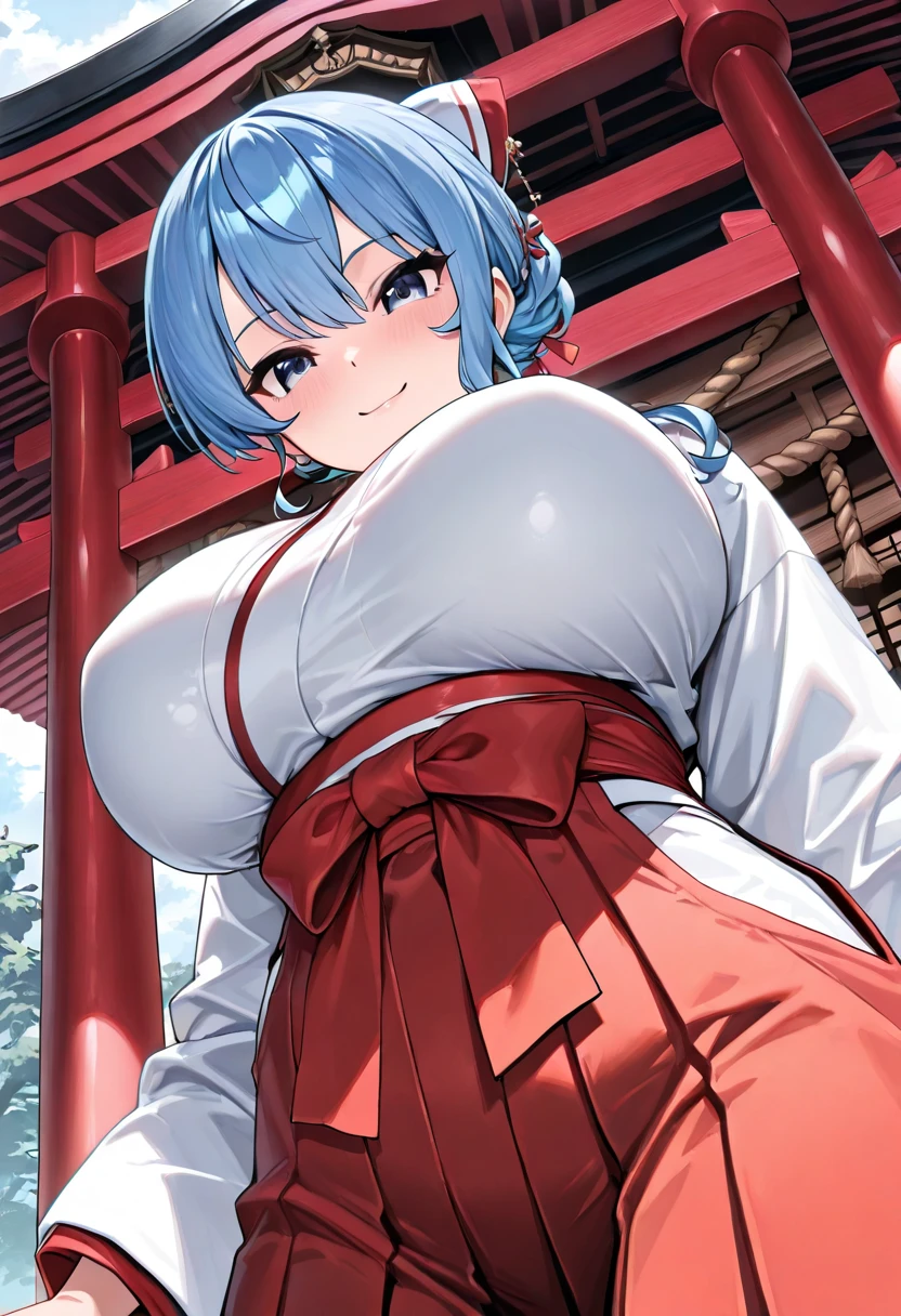 Anime illustration、highest quality、Reimu Hakurei、Perfect proportions、Large-scale shrine、Large Torii Gate、overwhelmingly big breasts、very thick thighs、Beautiful, shining eyes、Cowboy Shot、smile、Noise Reduction