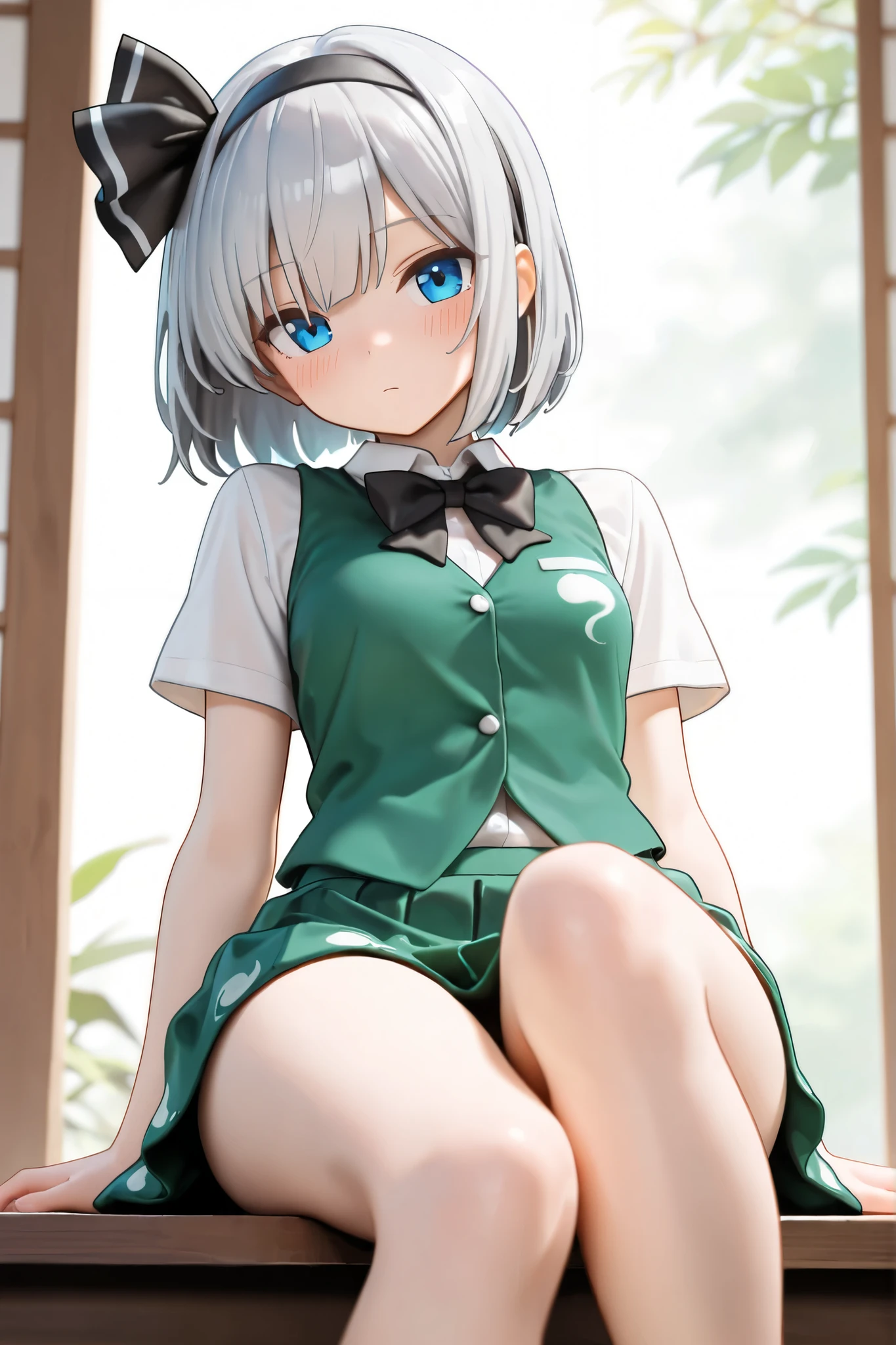 Blushing while showing off her underwear,Light green underwear,Konpaku Youmu,classroom