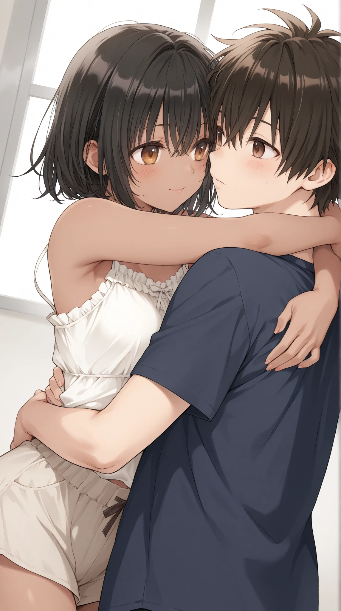 Teen boy hugging black teen boy wearing underwear