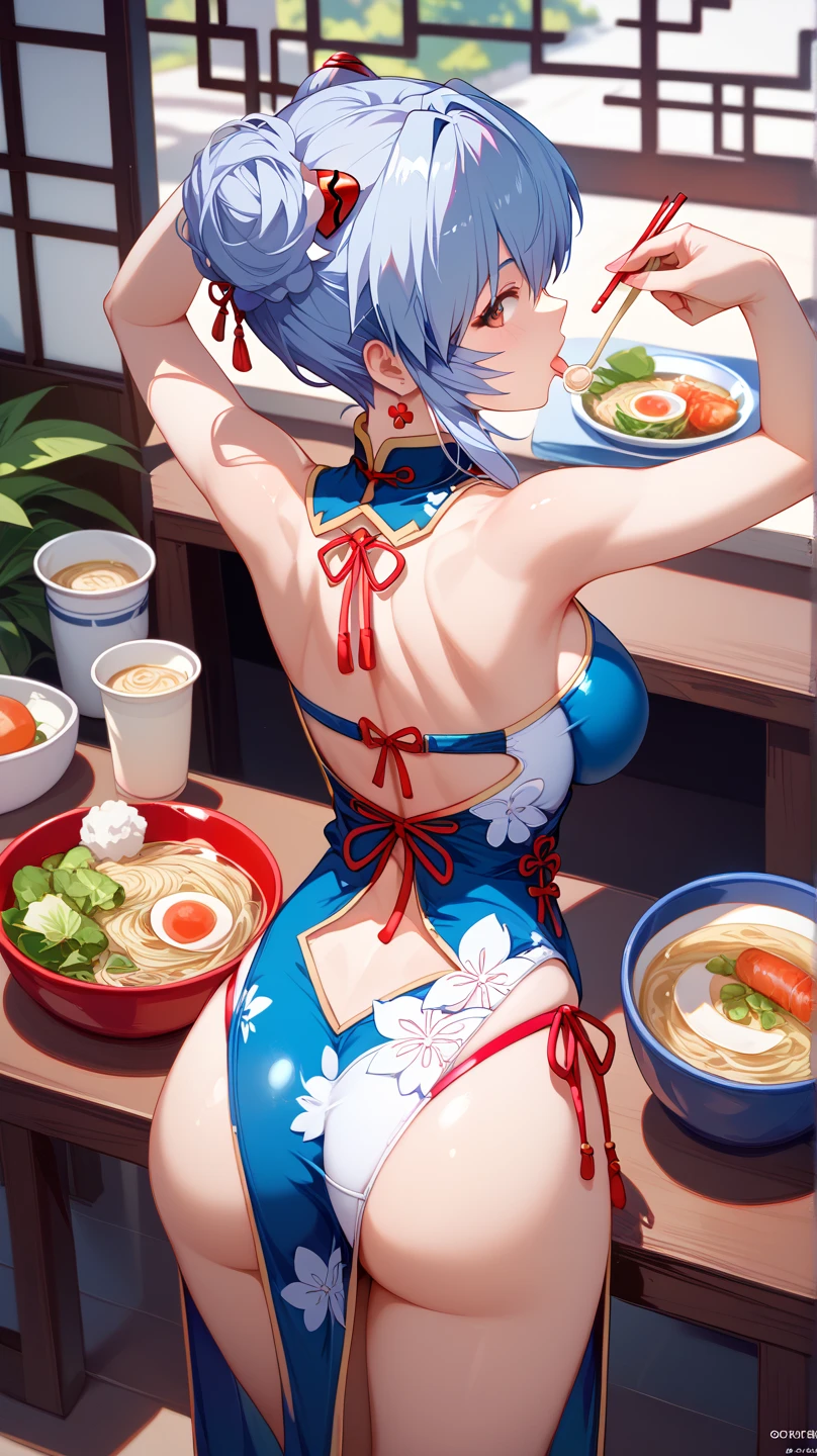 hamburger、Fried Shrimp、Deep fried oysters、ramen、dumpling、Shredded green pepper meat、Fried rice、steak、Japanese sake、Beer 、Three sisters in underwear eat heartily、A thin cute blue bra、Thin cute blue underwear
