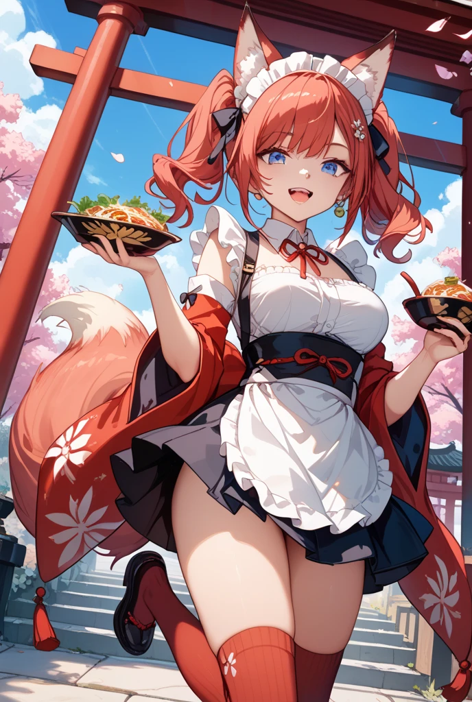 Exotic cartoon, oriental character, 1girl, breasts, tail, animal ears, solo, fox ears, fox tail, dress, skindentation, cheongsam, from the side, big, blush, white background, fox girl, looking viewer, bare shoulders, short hair, animal ear fluff, food, simple background, cheongsam, cowboy shot, removed sleeves, hair ornament, red dress, long sleeves, buttock