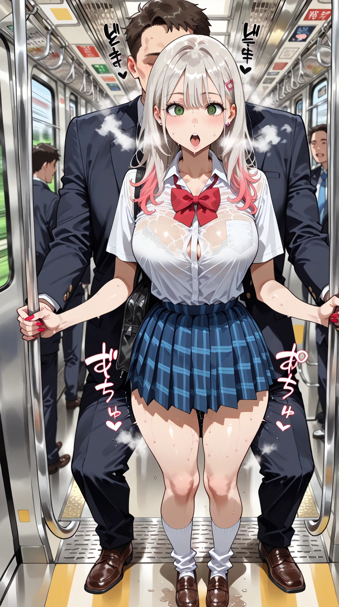 ultra-detailed,masterpiece, best quality,alisa kujou, skirt, bag, jacket, socks, looking at viewer,plaid, blazer, brown hair, plaid skirt,(white socks:1.8),(thigh-high socks:1.8),long sleeves, bangs, open clothes, open jacket, bow, brown eyes, pleated skirt, bowtie, day, long hair, bush, red bow, kneehighs, shirt, sleeves past wrists, backpack,red bowtie,(beige jacket:1.8), school bag,(black skirt:1.8), blurry, collared shirt, miniskirt, white shirt, cardigan, grass, sweater,(light smile:1.2),(soft-edged:1.8),(watercolor painting:1.5),(Illustration:0.8), (beautiful detailed eyes:2),(Fully exposed panties:1.8),(1 girl standing:1.5),nsrf,grabbing another's ass,short stature,(orgasm:0.8), BREAK lotr of people,(crowded train:1.8),(rush hour train:1.8),(man with office suit:1.7),BREAK (turn up the skirt:1.7),(shirt lift:1.7),(bra lift:1.8), (nipples:1.2), (chikan:1.9),(vaginal sex:1.5), (frying hands:1.1), (fresher:1.5),(:1.6),(curvy:1.5),(zettai ryouiki:1.8),(cute panties:1.8),(white panties:1.8),(pink panties:1.5),(white bra:1.8), (pink bra:1.5),(turn up the brassiere:1.7), (misaligned brassiere:1.5),breast slip,breasts out, BREAK breasta_on_glass,povbrestgrab,(panties shot:1.5),(up skirt:1.5), grabbing another's breast,close contact with men,cohesive,(train:1.7),(nose blush),(open clothes:1.3),(disordered shirt:1.1),(undressing:1.5), BREAK (from below:2),(from directly below:2),(cowboy shot:1.9),(dynamic angle:1.8),looking down,(spread legs:1.5),BREAK