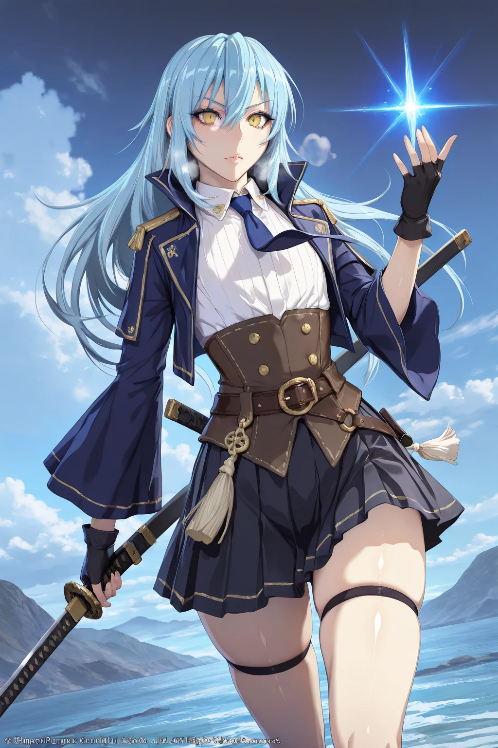 ggstduel, (puuzaki_puuna(punopupupu)-style:1.4), (kunaboto-style:1.2), ((anatomical correct)), ((Cinematic, unreal engine, eye-catching, ambient occlusion, UHD, masterpiece)), ((perfect lighting)), perfect body, perfect eyes, perfect fingers, gasping, heavy breathing, gasping profusely, ((skindentation)), ((curvy)), rimuru_tempest, ((blue hair)), yellow eyes, long hair, bangs, hair between eyes, androgynous, ((flat chest)), plump, 1girl, skirt, gloves, breasts, solo, necktie, shirt, fingerless_gloves, weapon, white_shirt, sword, looking_at_viewer, black_gloves, pleated_skirt, long_sleeves, collared_shirt, blue_skirt, open_clothes, belt, jacket, standing, sheath, underbust, katana, blue_necktie, outdoors, tassel, open_jacket, black_skirt, wide_sleeves, sheathed, thighs