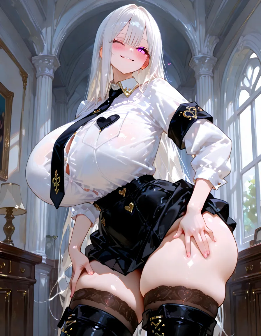 ((masterpiece,intricate details)),realistic, photorealistic,1girl,mature female,brown eyes,blush,
Voluminous afro,,silver hair,
:o,
large breasts,
thick thighs,
put one's legs together:1.2,
,
necktie,
pleated skirt,
white legwear,
wedge heels,
cameltoe,rainforest,cumulonimbus,((upper body)),
from above,
depth of field,looking at viewer, Table, Beautiful woman, Dark Skin, Japanese, Underbust, piercings, Clipping-fc, Large Breasts, Bright blonde hair, Curly pigtails, classroom, uniform, big breast