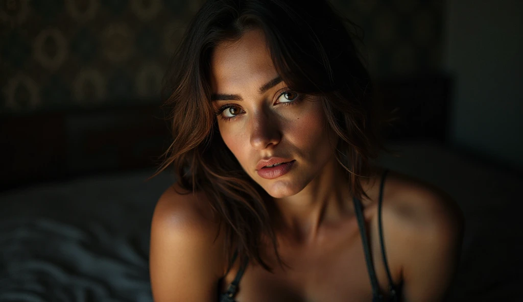 femme en position sexuel sur un lit en sous vetement , Fille sexy aux yeux verts, peau bronzée, cheveux bruns et grands yeux, selfie d'une jeune femme, yeux de la chambre, Violette Myers, avec maquillage, Maquillage naturel, regardant directement la caméra, Cara con artgram, maquillage subtil, Impresionante foto de corps entier, yeux verts perçants, bel angle, pose attrayante, mignon , pose sexy, Image du corps entier, corps entier, séance photo sur tout le corps, déesse brune, détail élevé, Pose satisfaite, pantalon en cuir peau bronzé regard perçant