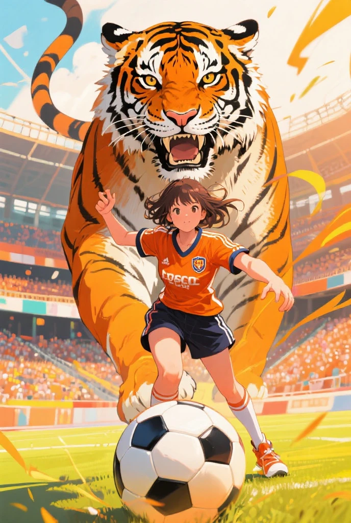 1girl,
kousaka honoka, love live!,
casual wear,skirt,
v-shaped eyebrows,serious,shouting,
<lora:captaintsubasashootXL3:0.8>,captaintsubasashoot,soccer ball,
kicking,emphasis lines,speed lines, soccer field,motion blur,motion lines, action,looking at viewer, dutch angle,standing on one leg,aura,arm up,leg up,wind,
tiger,
masterpiece, best quality, ultra detailed, highres,4k,(ultra-detailed:1.4) (illustration:0.5), (ray tracing,:0.8),(anime colored:0.7),(ai-generated:0.5),