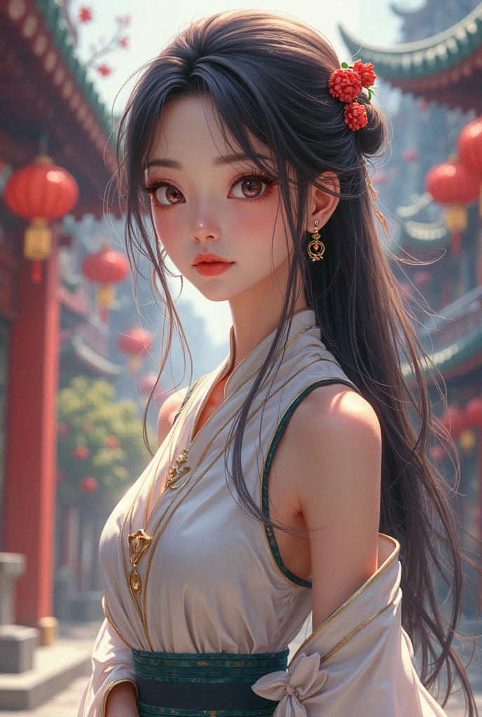 Girl in Chinese costume,largeeyes,Detailed clothing texture,beuaty girl,Colorful clothes,long whitr hair,shairband,hair adornments,head gear,obi strip,Big breasts Thin waist,Bigchest,lindo cenario,(城市),(Buildings),(Modern architectural background),Light and shadow tracking,realisticlying