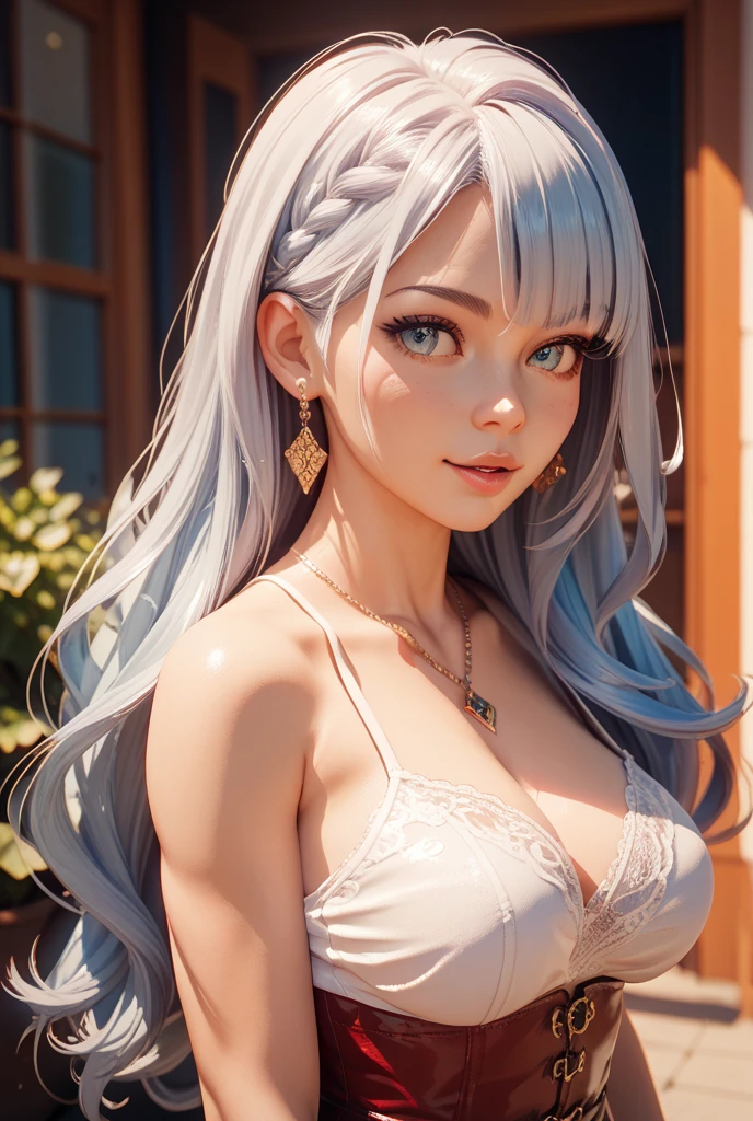 (Masterpiece), (High Quality), Best Quality, Real, (Reality), Super Detail, (Full Detail), 8K, Realistic, ((1girl)), (((White Big Curly Hair))), (Blue Eyes: 1.5), Glow Eyes, Cropped Top, Pleated Skirt, Slightly Open Lips, Blush, Flowers, Wide Angle Lens, (Background Blur: 1.5), Elements with Clouds and Water, Sun, Sunlight, Global Illumination, OC Rendering
