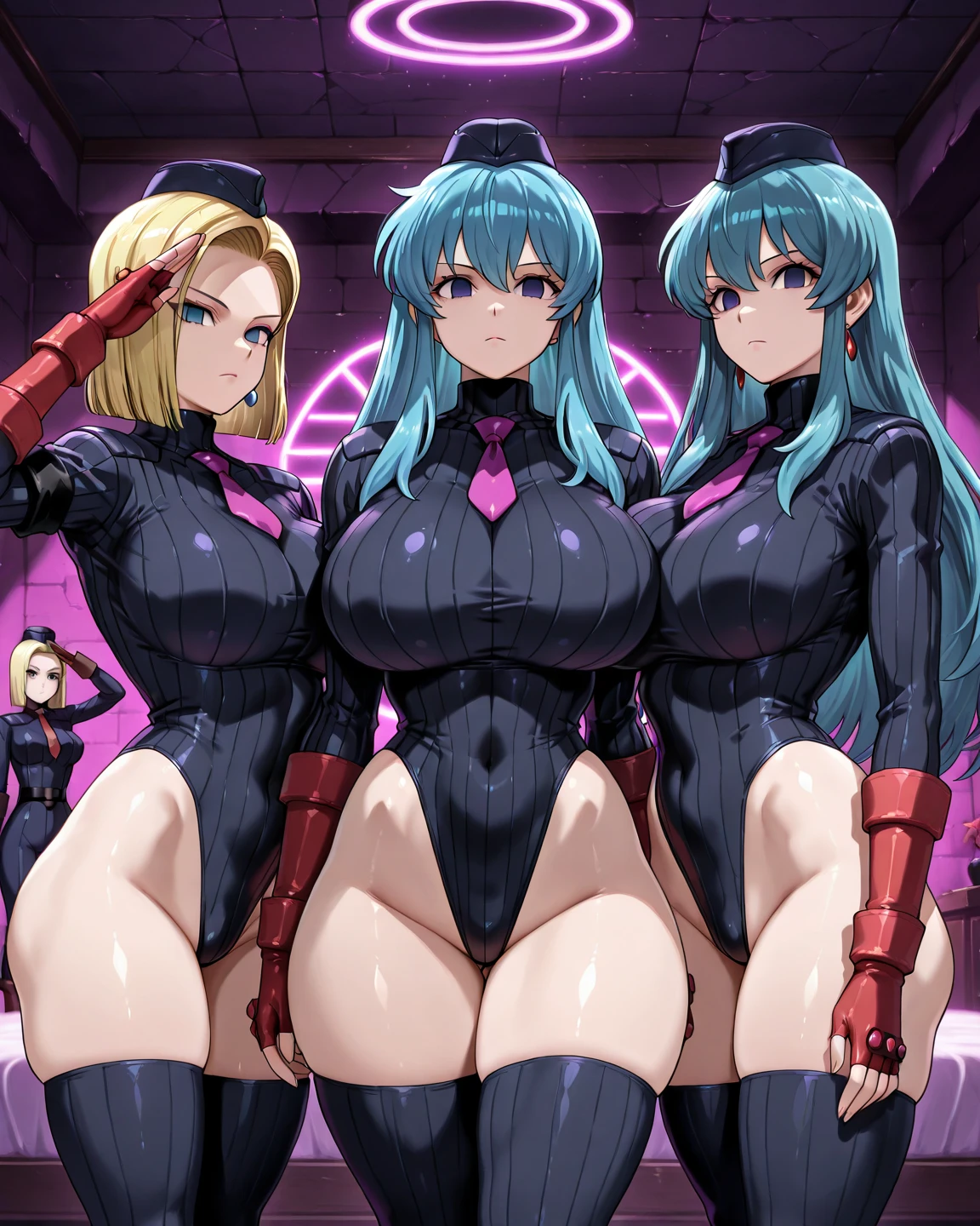 ultra-detailed, Explicit, Beautiful body, Beautiful Nose, Beautiful character design, perfect eyes, perfect face, ultra highres, 4K, beautiful legs, perfect legs, Nice hands, Perfect hand, Masterpiece, Best Quality, Highly detailed, illustration, absurdres, street fighter, doll suit, shadaloo doll, dollsuit, girls, multiple girls, expressionless, blank eyes, looking at viewer, red gloves, emotionless, black latex, corrution, mind control, female combatant, full body, hypnotized, unhappy trance, full body suit, ribbed bodysuit, both arms at side, stand up straight, obey, perfect female body, extremely glossy latex, hypnosis, hypnoLora, empty eyes, Mind control device, poses, submissive_pose, Slave, hat, necktie, stand up straight, standing, standing at attention, Slave, hat, necktie, belt, extending the right arm from the shoulder into the air with a straightened hand, nazi saluting, military, military saluting, salute, latex, ribbed bodysuit, wide hip, thicc, a curvy body, Evangeline Burton, Birdie Wing - Golf Girls Story, green eyes, blonde hair