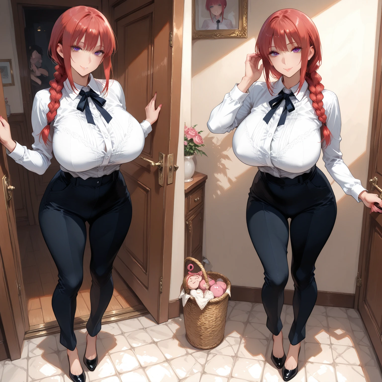 Full body shot of 1 beautiful woman, adult, big body, voluptuous woman, (Very long straight hair), hair with bangs,( red hair), eyes are green, contoured eyelids, painted eyelids, huge breasts, black turtleneck sweater, (beige long pencil skirt), Curvy hourglass figure, chest proportion, narrow skirt , high, knee-high boots, high heels, white skin, Russian appearance