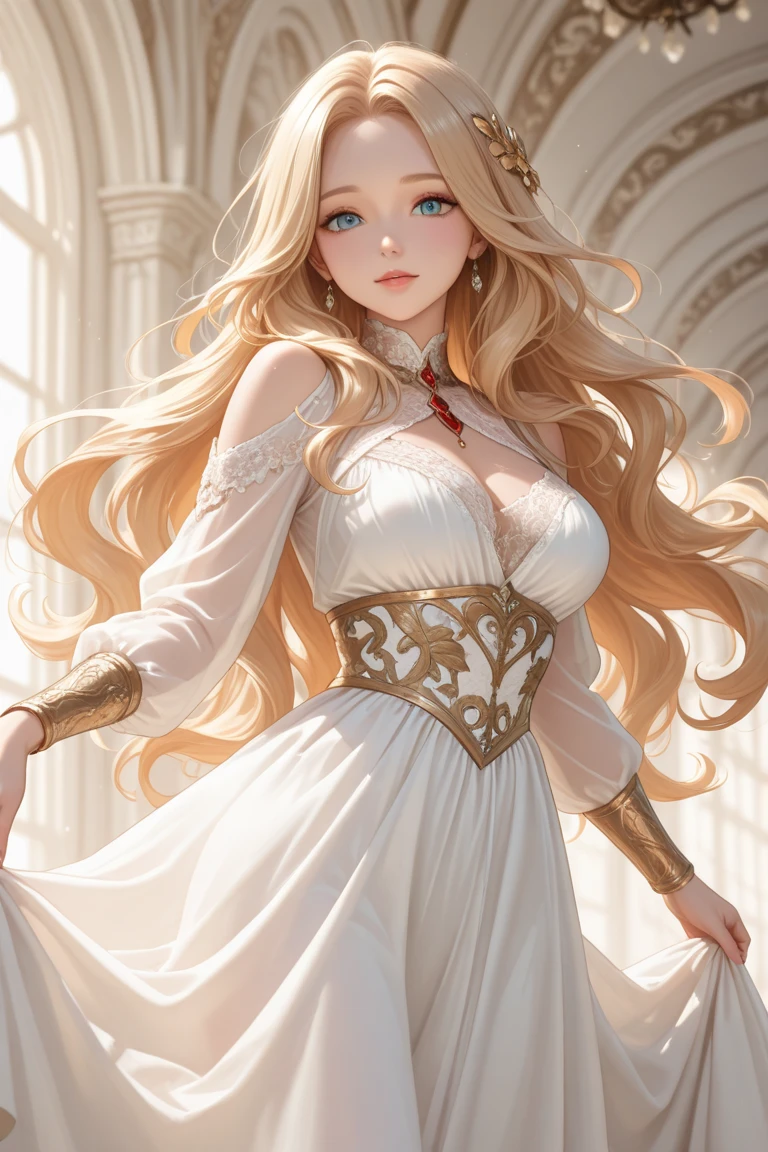 Anime Beautiful Noble Girl with Golden Hair, Big Breasts, Blue Eyes