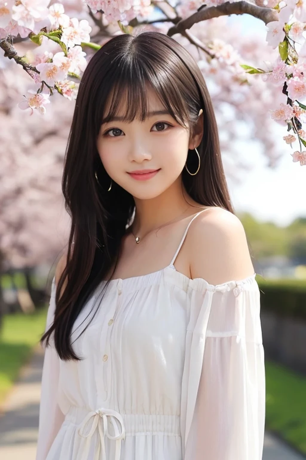 A 20-year-old woman with the cute face of an idol who looks 15 years old.。Gentle and cute。Laughing sweetly and crying tears。Her bust is a little large in a bikini Beautiful cherry blossom park Raw photo Real Genuine Real Life No copyright notice