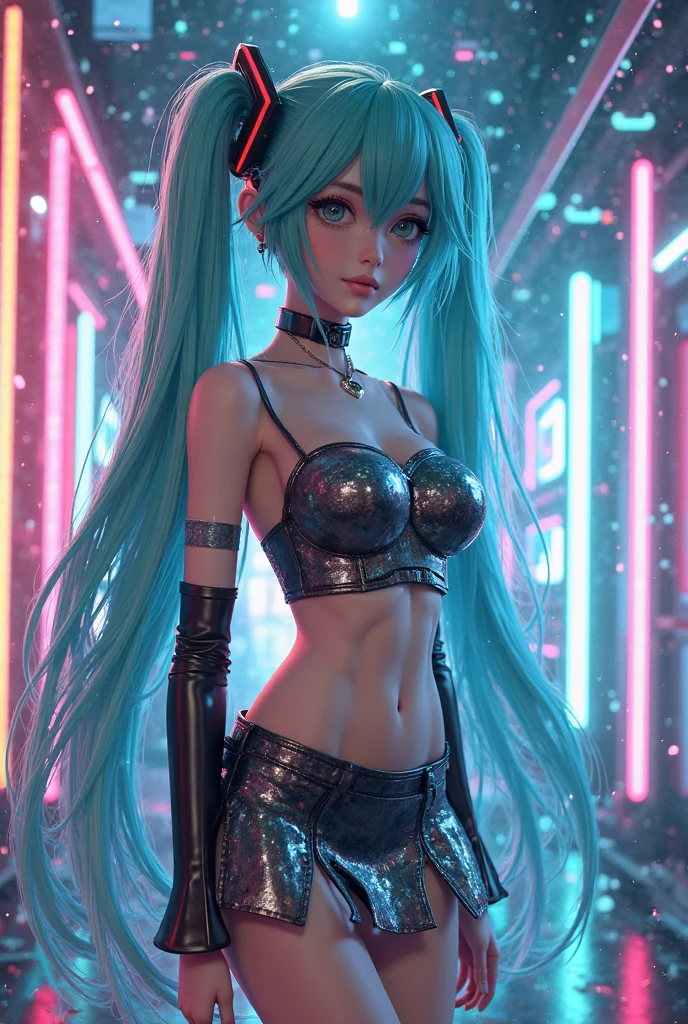 Masterpiece, Best Quality, Hatsune Miku, Girls, Slender, Rainbow Color Eyes, Hair Color, Iridescent, Long Hair Spreads, White Skin, Medium, Cute, Sexy, Halo, Near Future, Bikini, Too Exposed Skin, Psychedelic, Trip, Extreme Color, Paisley, Extreme Color, Cyberspace, Cyberpunk, Mandala Theme, Open Legs, Eyeshadow, False Lashes, Blushing, Left Arm of Machine, Smile, Systemic