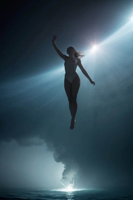 realistic oil painting, free diving, breath-hold diving, The Deepest Free Dive Records, diving down without scuba gear, deep under water, Herbert Nitsch, Tanya Streeter, dark aura of deep water, oned colors, dark colors, low light, Low-key lighting v1.0