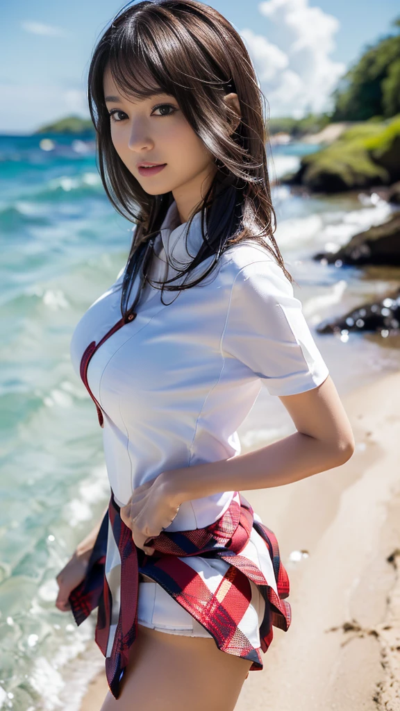 ((beautiful eyes with fine detail)), realistic skin, (intricate details), best lighting, depth field, ((ultra high resolution, high res)), {highres}, {{very fine 8KCG wallpapers}}, {{very precise detailed}}, ((((masterpiece)))), nsfw, 1girl,teenager, Blushing, smile, (wet clothes:1.3), ((wet japanese uniform)),((showing nippls)), (small breast), ((navy blue pleated miniskirt)), ((skirt lift:1.7)), (tie),black socks, (panties), (((smartphone,selfie))), ((Beautiful coral reef sea, White sandy beach))