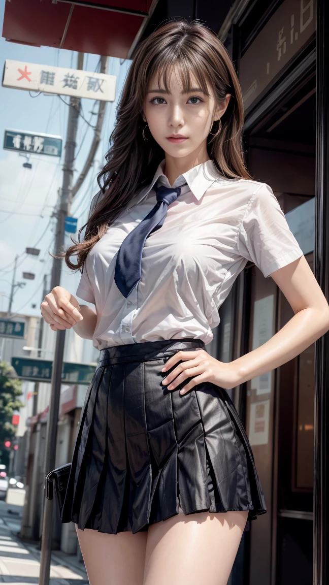 photorealistic, high resolution, 1women, mature female, solo, hips up, look at viewer, (detailed face), wavy hair, long hair, school uniform, mini skirt
