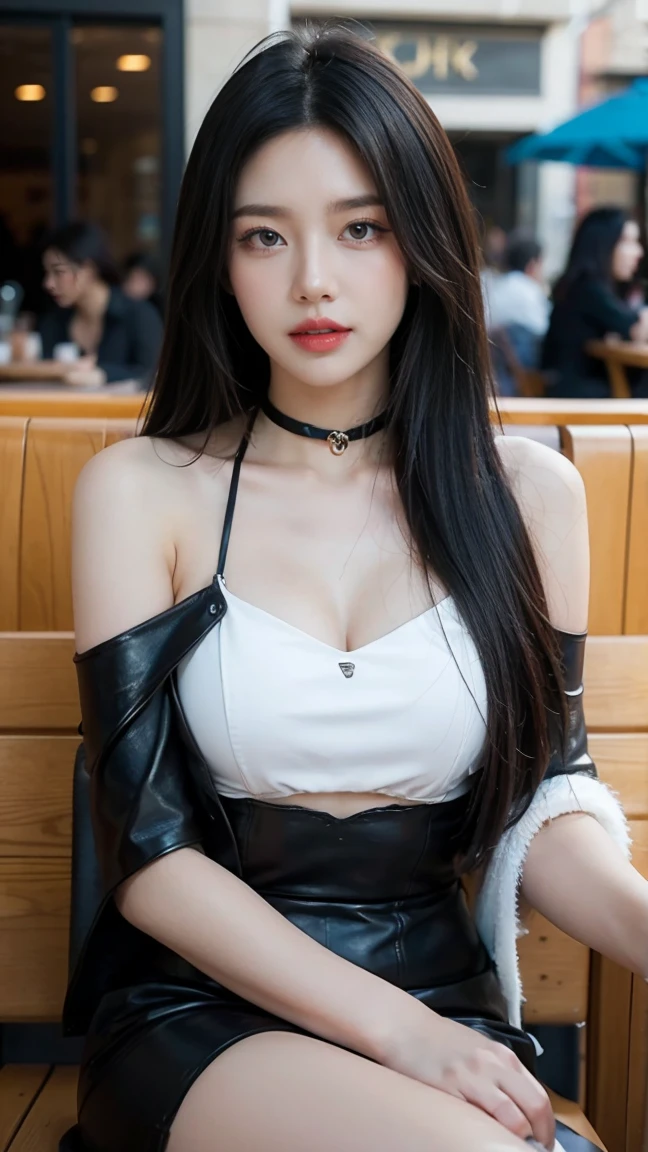 Beautiful woman with perfect body：1.4，Prominent cleavage，Layered Hairstyle，Highly detailed face and skin textures，Double eyelids，Skin Whitening，Long hair，Whitened long legs，on the street，（Rabbit ears、Black tube top、Black leather skirt）