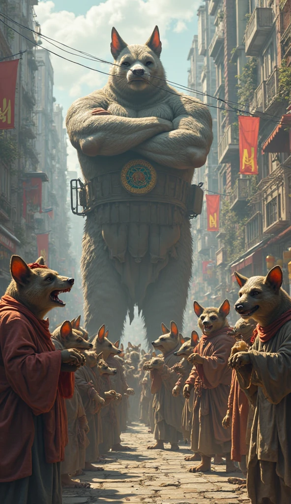 A big ugly rat stands in front of a crowd of people. The rat holds a whip in his hand and the people are happy to be beaten. in the background you can see a broken city