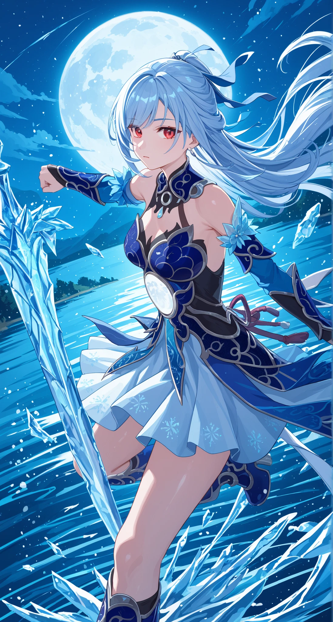 nsfw,Jingliu,glass cover,side shot,alternate color,masterpiece,detailed illustration,lifelike,{{{1Jingliu}}},shiny beautiful woman,cinematic lighting,dynamic angle,dynamic pose,depth of field,looking at viewer,1girl,jgsd,red eyes,blue armored dress,white skirt,tassels,hair ribbon,black gloves,blue sleeves,armored boots,light blue skirt,frozen lake,night,full moon,fighting,ice large sword,expressionless,floating in the air