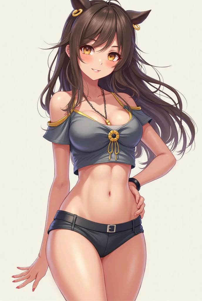 1girl with black hair and brown eyes (gray skin1.3), (black skin:1.2), (pale skin:1.2), (dark skin:1.2), pointy ears, ponytail, hairclips, medium breasts, yellow bikini bra, underboob, bracelets, blue shorts