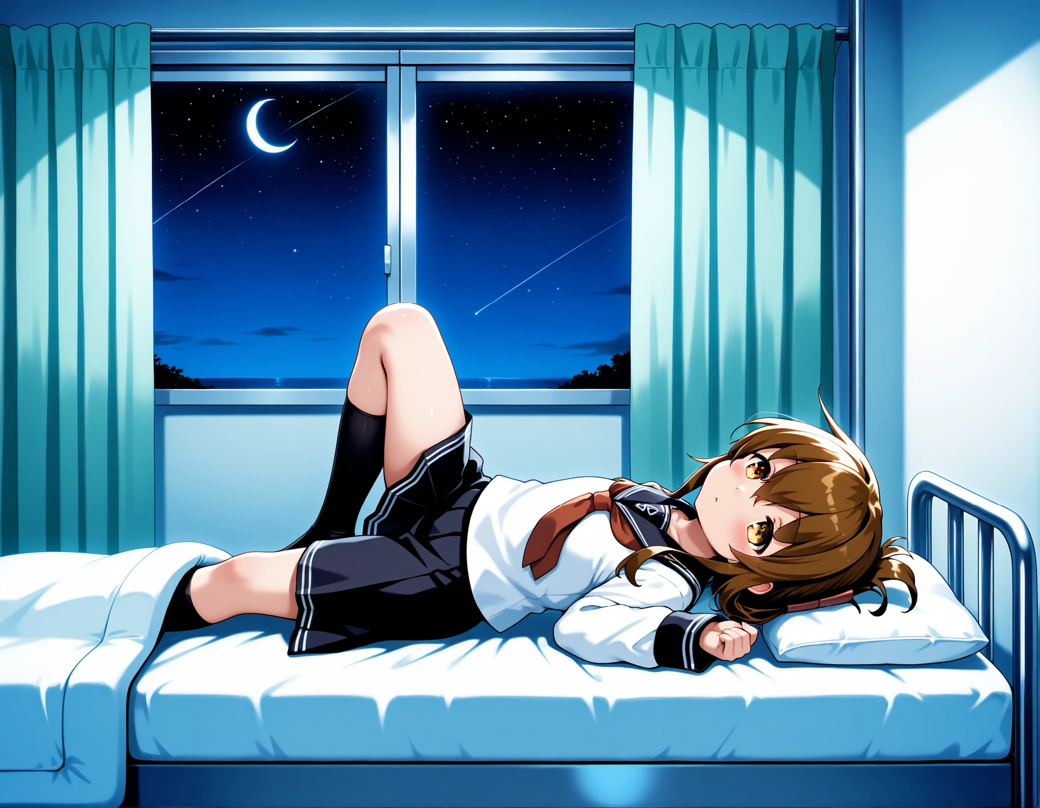 , inazuma \(kancolle\), brown hair, folded ponytail, long hair, brown eyes, anchor symbol, black sailor collar, long sleeves, neckerchief, school uniform, serafuku, pleated skirt, black skirt, black socks, Infirmary,bed,lie down on a futon,knee up, crescent moon,star (sky), 