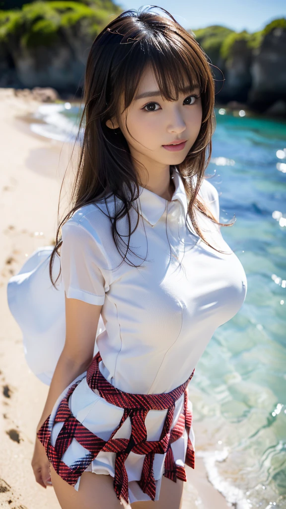 最high quality,Ultra HD,beauty,Cut longのキツい目つき, Beautiful face in every detail,Angry face,Japanese,Long Hair(Black Hair,With bangs,)Very largeeyes(Cut long,Sharp Eyes),beauty,Big Breasts(Big Breasts,Very large ,extremely Big Breasts,Deep Valley,Big Breasts)Big Ass,1.8,Highly detailed costume, smile, High school girl uniform blazer,Pussy,Pleated skirt(Tiny mini skirt),high quality,Large areola,Spreading her legs,Ocean,