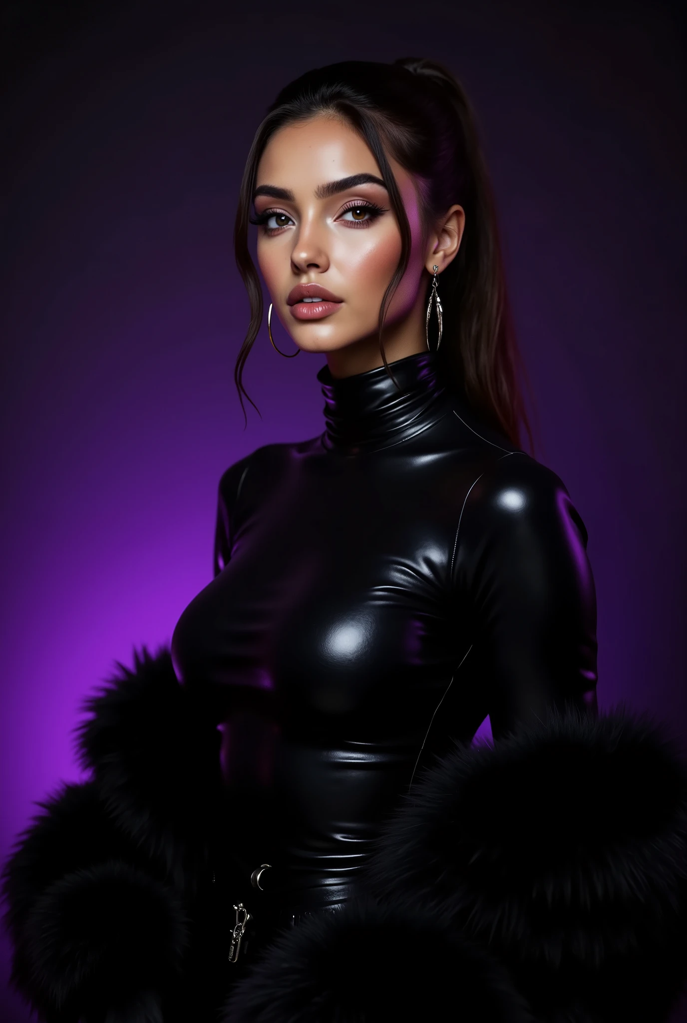 (masterpiece, best quality:1.2), 1girl, solo, woman, mid body image, (makeup:1.4), turtleneck latex outfit, zipper, highly detailed fur, natural skin texture, 4k textures, Highly detailed perfect , Lightroom, Intricate, Ultra-Realistic, Out There, (HDR:1.3), UHD, (Intricate Detail, Hyper-Detailed:1.1), Cinematic, Photoreal, (Dark Shot:1.2), Dramatic, High Contrast, (Warm Color:1.1) , muted colors, master piece, elegant, sharp focus, looking at the viewer, black to purple gradient background, solid dark black with purple gradient background, neutral studio background