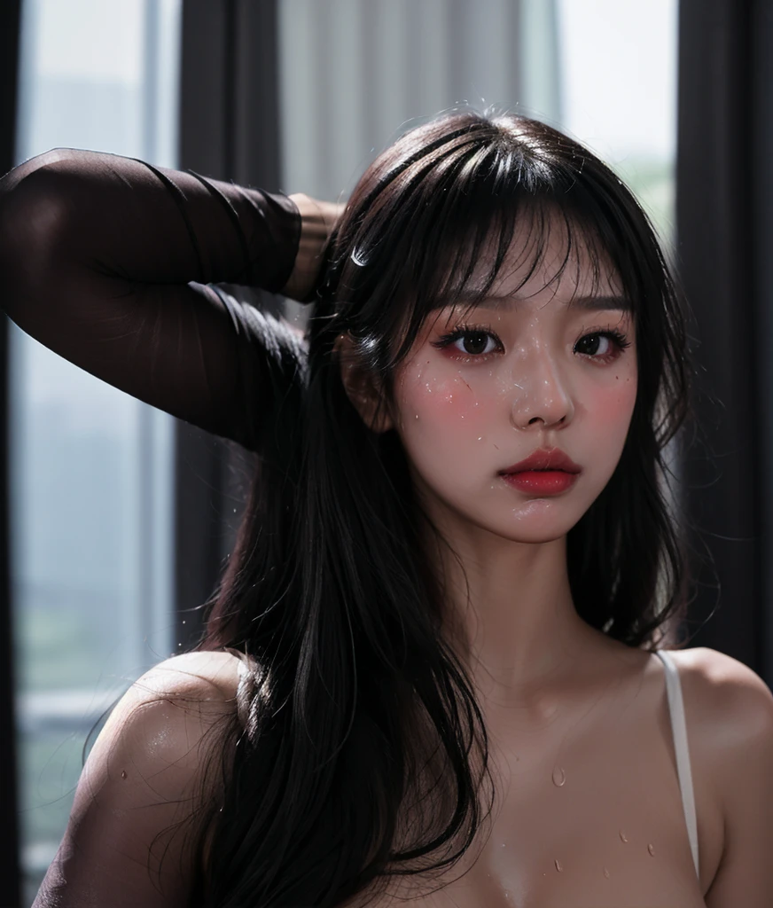 ((best quality)), ((masterpiece)), ((beautiful realistic)), (cinematic aesthetics:1.4) Photo of a beautiful Korean idol with long black hair, realistic face, sexy face, shy face,