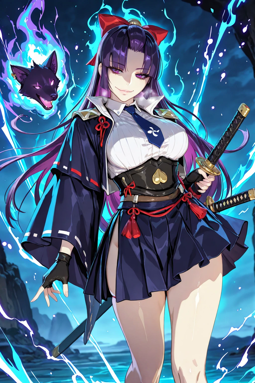 ggstduel, (puuzaki_puuna(punopupupu)-style:1.4), (kunaboto-style:1.2), ((anatomical correct)), ((Cinematic, unreal engine, eye-catching, ambient occlusion, UHD, masterpiece)), ((perfect lighting)), perfect body, perfect eyes, perfect fingers, gasping, heavy breathing, gasping profusely, ((skindentation)), ((curvy)), SHIKOKU_(MATO_SEIHEI_NO_SLAVE), purple hair, purple eyes, slit pupils, long hair, hair bow, red bow, parted bangs, ribbon trim, half updo hair, bangs_pinned_back, straight hair, ((medium breasts)), plump, 1girl, skirt, gloves, breasts, solo, necktie, shirt, fingerless_gloves, weapon, white_shirt, sword, looking_at_viewer, black_gloves, pleated_skirt, long_sleeves, collared_shirt, blue_skirt, open_clothes, belt, jacket, standing, sheath, underbust, katana, blue_necktie, outdoors, tassel, open_jacket, black_skirt, wide_sleeves, sheathed, thighs, (aura:1.4), ((purple aura)), shaded face, smirk