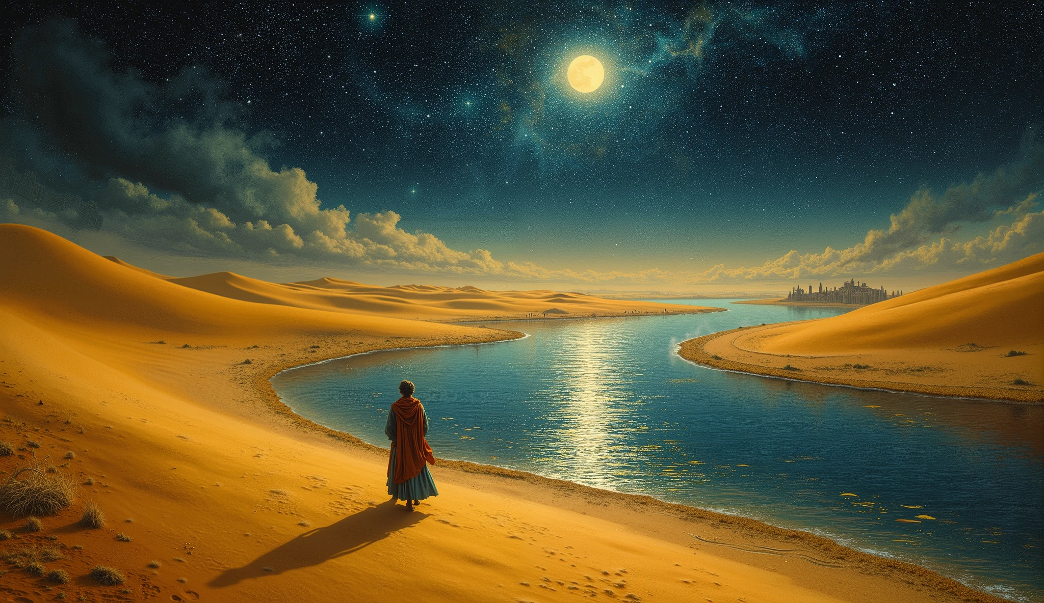 1950, Starlit Nile shimmers, golden sands. ancient magic whispers through night.