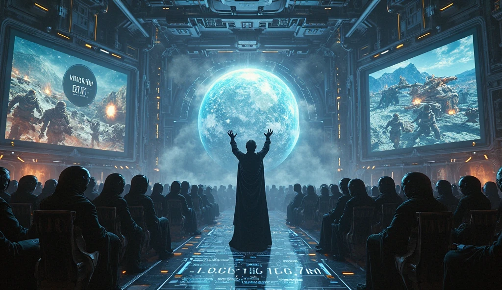 Epic image of a highly accelerated technological world with people addicted to social media and cell phone use with the presence of a stoic statue watching everything closely.