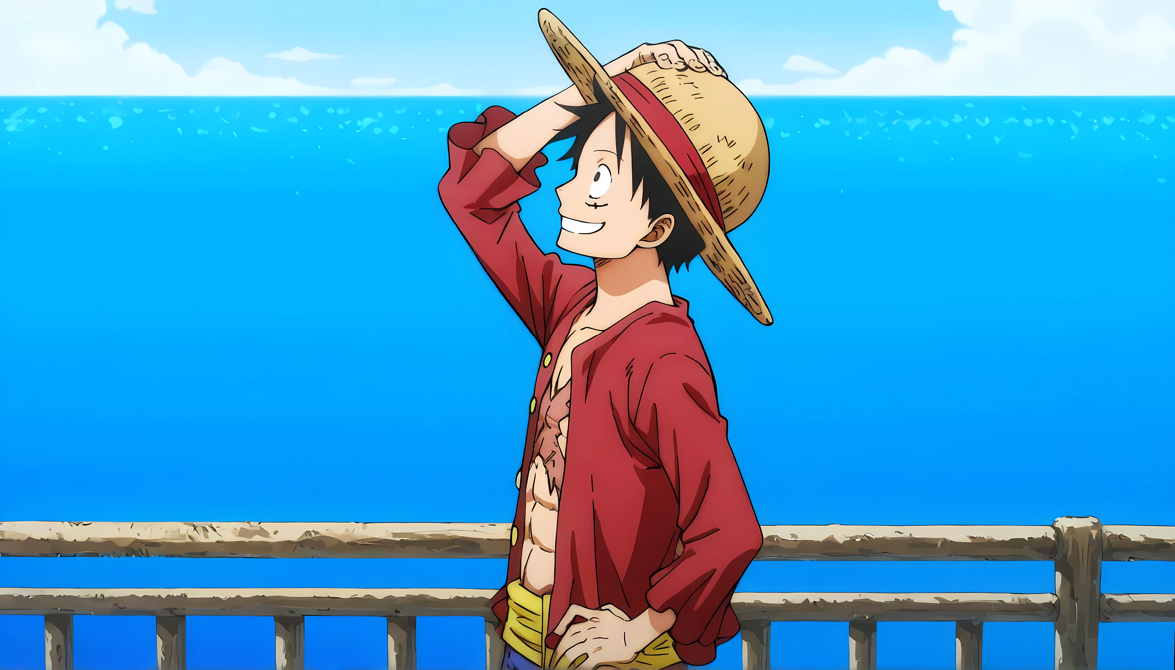 Luffy, half body, from front, smile, eyes looking at side, X-mark burnt scar on chest, head tilted up, arms on hips, long-sleeve red shirt, straw hat, one arm on Sunny-go railing vast blue ocean in the distance - other arm on hat head, sea breeze vfx, masterpiece, best quality, official style, official image for marketing,
