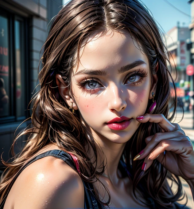 Professional portrait photo of a beautiful Norwegian girl with crowded outdoor night in the background, long wavy blonde hair, sexy and sexy look, (freckles), gorgeous symmetrical face, cute natural makeup, realistic, concept art, elegant, very detailed, complex, sharp focus, depth of field, f/1. 8, 85mm, medium, medium, ((professional color grading))), clear focus, bright and soft diffuse light, (volumetric fog), trend on Instagram, HDR 4k, 8k