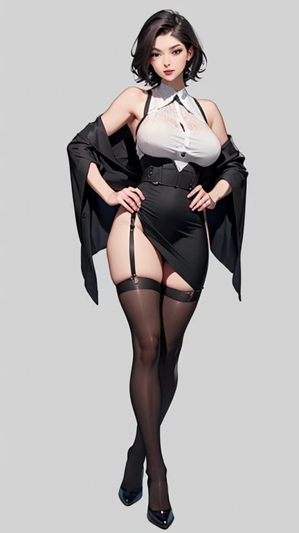 Portrait of a 60-year-old woman with short brown hair, a captivating gaze, Brown eyes, Wrinkles on her face, She wears a very sexy black evening dress that reveals big flabby breasts, Light makeup and red lips. 32K