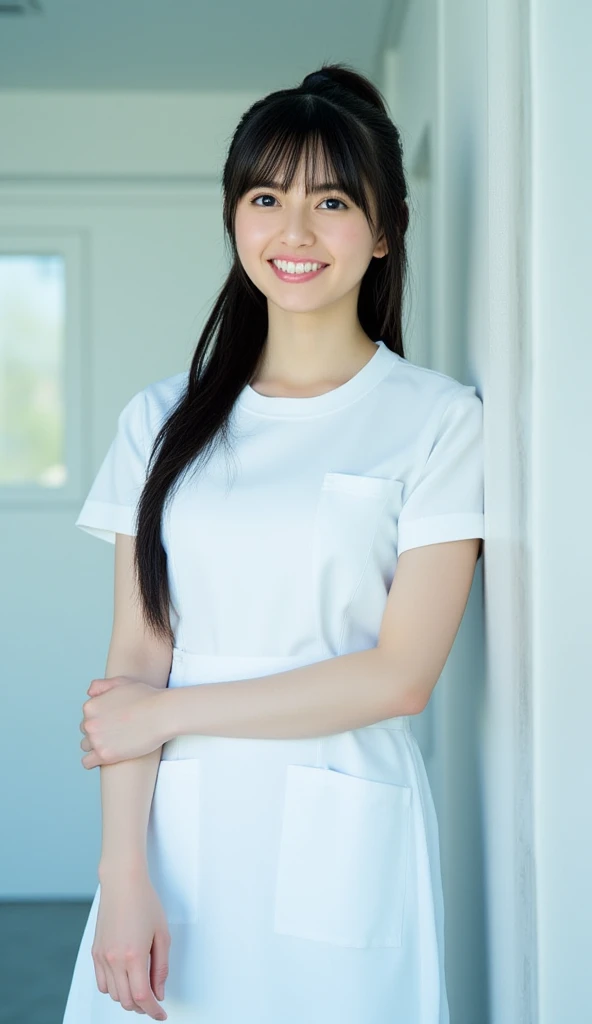 ((top-quality、8K、​masterpiece:1.3))、sharp:1.2、Perfect Body Beauty:1.4、Slim abs:1.2、Big、Beautiful face、A smile、((Nurse:1.3))、(hospital room background:1.2)、Straight hair、Highly detailed facial and skin texture、A detailed eye、Aspect of looking at the camera、