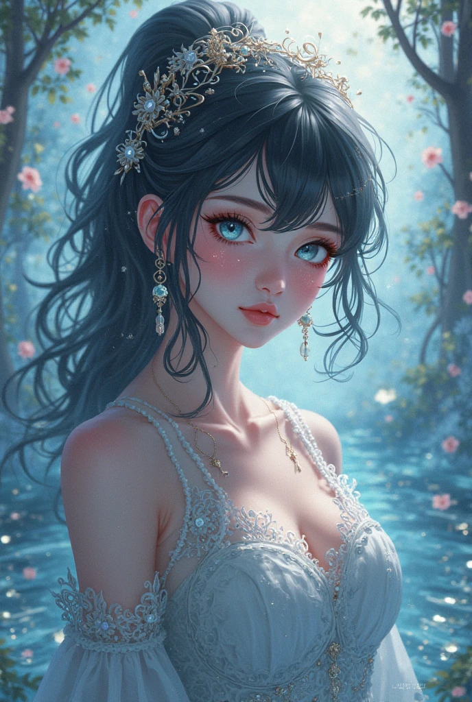 Woman beauty, manhwa style, a lot of details, good detailing, beautiful makeup, jewelry, crystal and precious stone jewelry, anime eyelashes, full lips, serene expression, cover manga, different colors in clothes, stylish looks, underwater kingdom, full view, various light sources, hairstyle, colored hair, premium, textured. Aesthetic. ArtStation. Trending on ArtStation. Colorful.