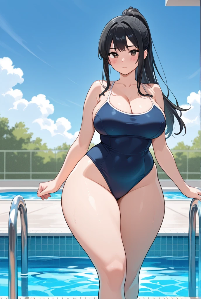 Mulher sentada na borda da piscina com as pernas abertas, micro white bikini, woman, long black hair, at the pool, corpo grande, pernas longas, exaggeratedly large physique, thicc, absurdly massive physique, poderoso e enorme, (wide hips:1.5), slim waist
