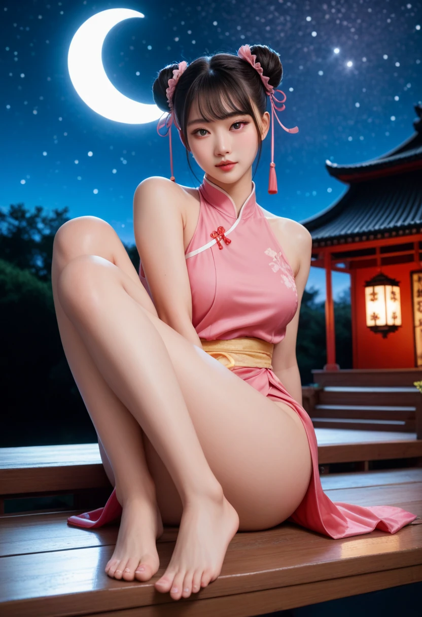 Masterpiece: The Best Night Full Moon 1 Female Mature Chinese Style Ancient Chinese Sister Royal Sister Smile Brown Hair Princess Cut Single Twist Braid Double Pill Head Light Pink Lips, Calm, Intellectual, Medium Hair, Green Eyes, Hairpin, Hydrangea,