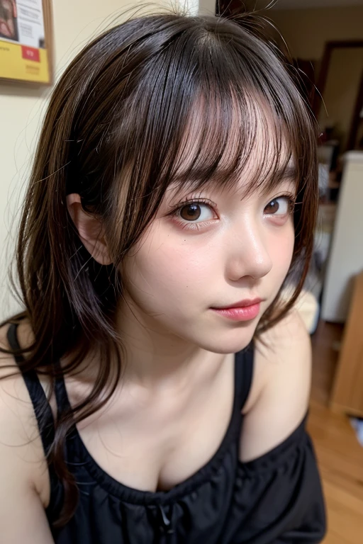 (masterpiece:1.3), (8K, Photoreal, Raw photo, best image quality: 1.4), Japanese high school girl、、(random hairstyle:1.2)、(cleavage:1.2)、super detail face、eye for details、double eyelid、chest to chest、sharp focus:1.2、(cute woman:1.4)、light brown hair、highest quality、masterpiece、Super high resolution、(Photoreal:1.4)、Highly detailed and professionally lit smiles、loose and light knitwear、shoulder out、thin、serious expression、short haired、deadly position