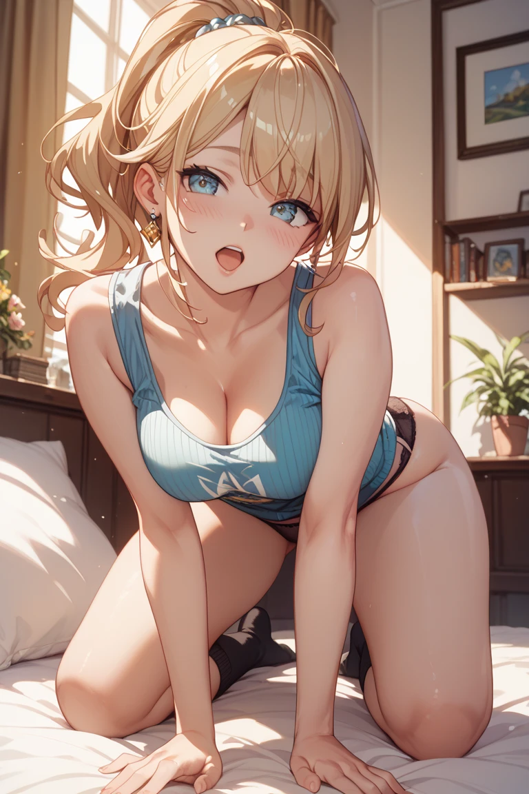 NSFW,(pale illustration,anime illustrations:1.2),(masterpiece, highest quality, so beautiful, Super detailed),textured skin, high details,8k,gleaming skin,pale outline
(hachimiya meguru, idolmaster:1.2),gold hair,
1 girl,(black Thighhighs:1.3),middle breasts,shorty,happy smile,
buruma,standing,
from front,white and clean bedroom