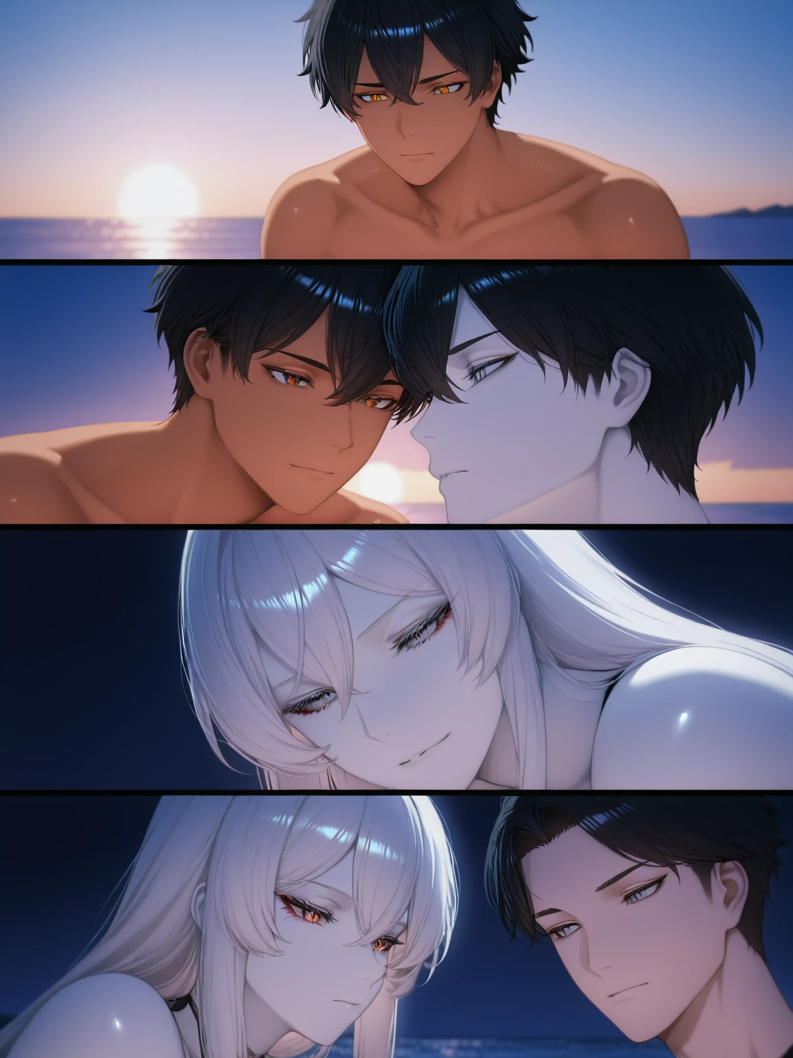 A young man with black hair and blue eyes, a girl with white hair, rode on the back of a man on the beach during the day.