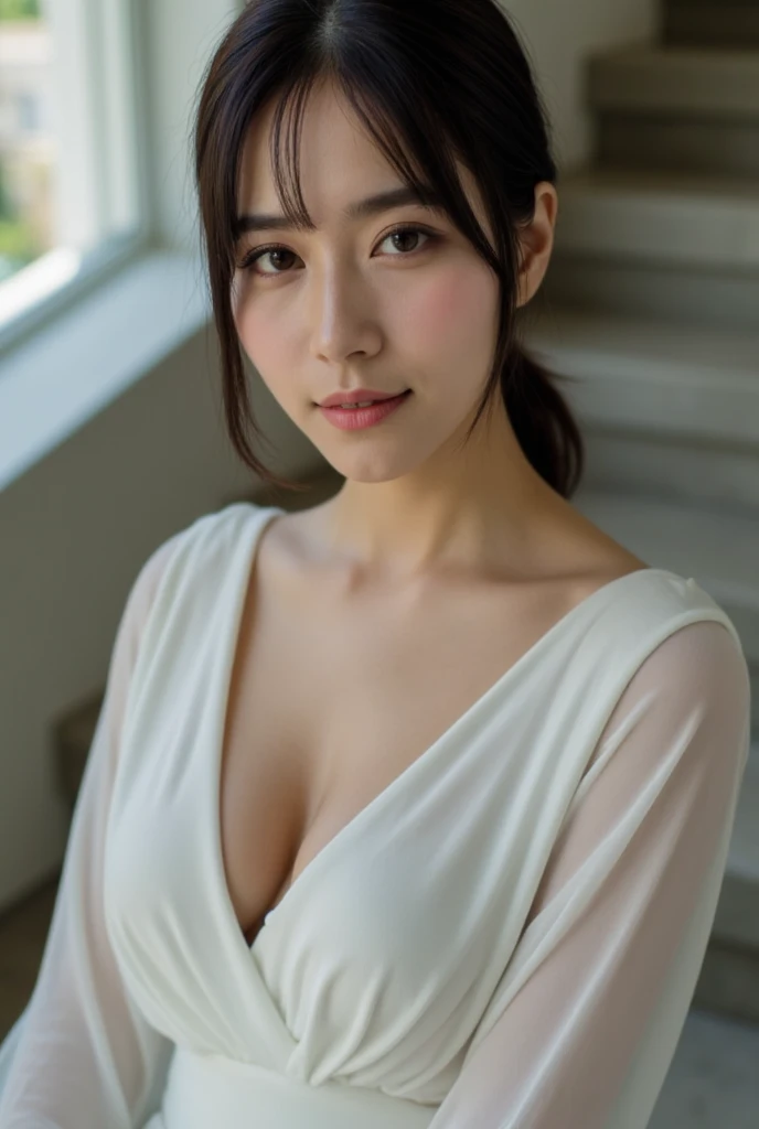 masterpiece, Best Quality, 8K, 20 yo, huge breasts, cuddly, Solo, sad, Cute, Girly, Delicate girl, Neat and clean beauty,  Raw photo, Professional Photography, Portrait, Soft light, Professional Lighting, Back lighting, Upper body, front view, Sophisticated, Film grain, (Eyes and faces with detailed:1.0), short length floating hair, beautiful flowing hair, bangs, Kimono Wrap Shirt