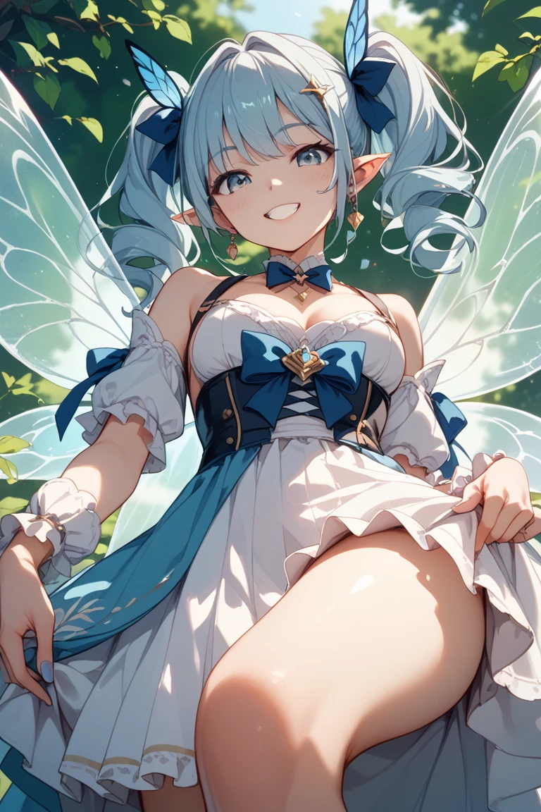 (Masterpiece:1.2), (1female), A fairy-woman, (40-years old:1,3), milf, (blue-eyes), (adorned with delicate fairy wings:1,8), (white-short-hair:1.4), (sexy smug smile:1.5), (green dress:1.3), (hourglass with breast, upper arm and thigh centered weight body), very detailed, cinematic composition, 8k.
