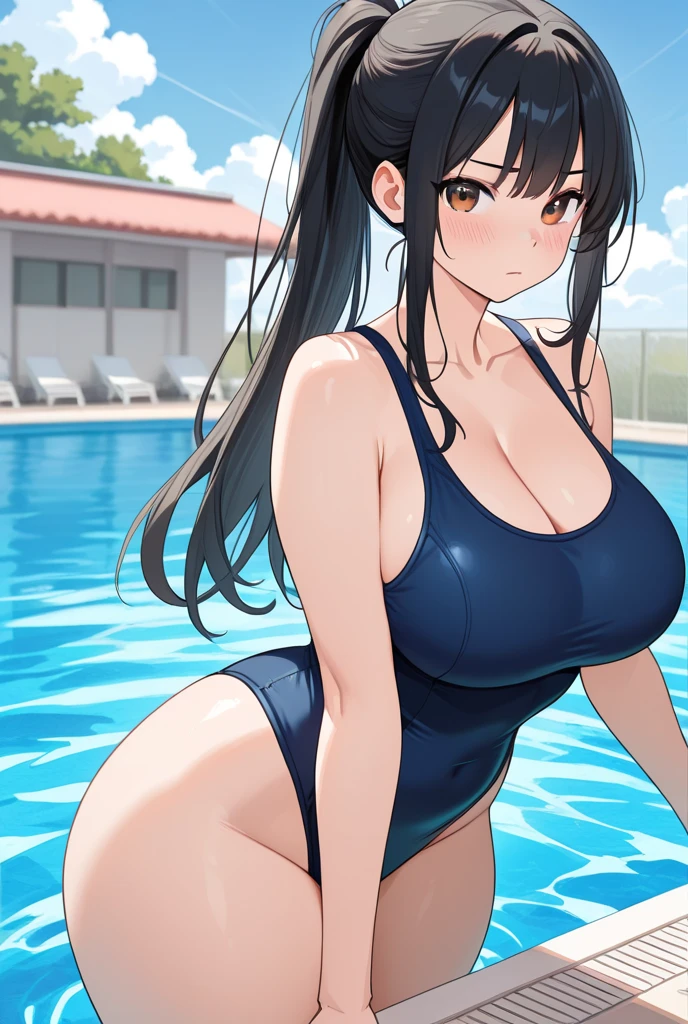 Highest quality, 1girl, Single, Dark brown hair, long hair, Dark brown eyes, huge thighs, ((Huge ass)), black swimsuit, Standing, Swimming pool, huge bare chest, open legs